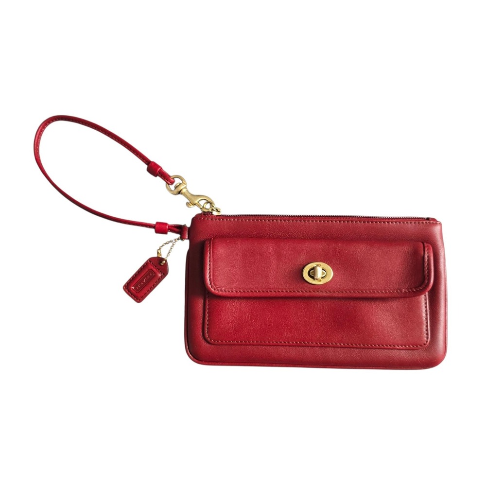 Vintage Coach Red Front Flap Turnlock Leather Wristlet brass hardware EUC